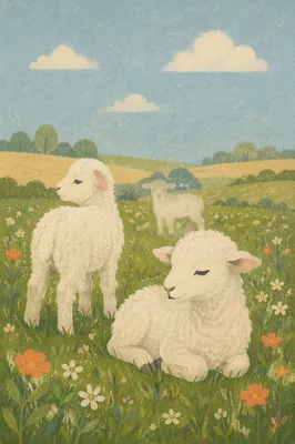 Gentle Lambs in a Spring Meadow