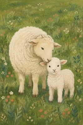 White Lamb and Ewe in Green Meadow