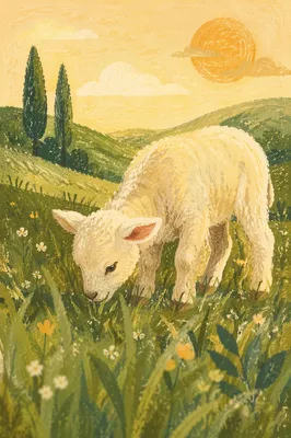 Gentle Lamb in Evergreen Meadow Light