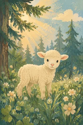 White Lamb in Evergreen Meadow Light