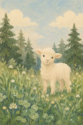 Gentle Lamb in Evergreen Meadow Light