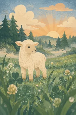 Gentle Lamb in Evergreen Meadow Light