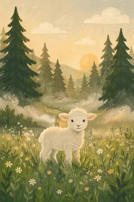 White Lamb in Evergreen Spring Meadow