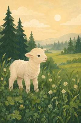 Young White Lamb in Evergreen Meadow
