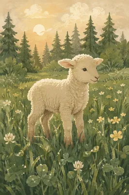 Gentle Lamb in Evergreen Morning Meadow