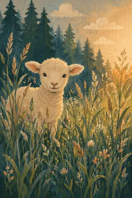 Gentle Lamb in Evergreen Meadow Light