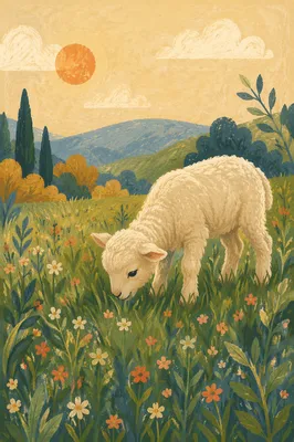 Gentle Lamb in Evergreen Meadow Light