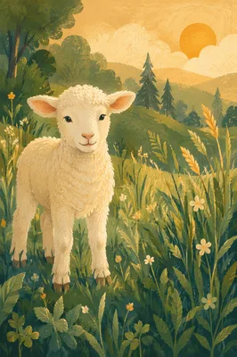 Gentle White Lamb in Evergreen Meadow