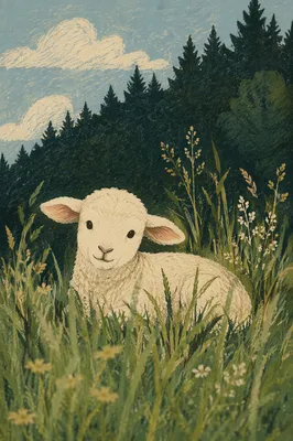 Gentle Lamb Resting in Evergreen Meadow