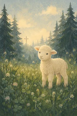 Gentle Lamb in Evergreen Meadow Light