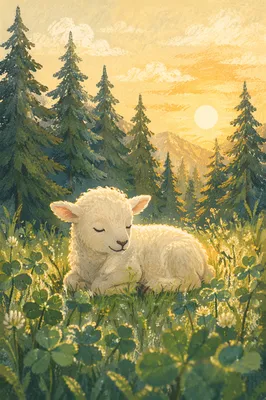 Gentle Lamb in Evergreen Morning Meadow