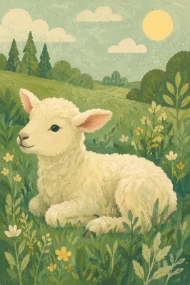 Gentle White Lamb in Evergreen Meadow