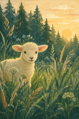 Gentle Lamb in Evergreen Meadow Light