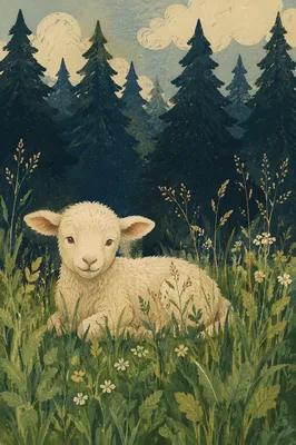 Gentle Lamb in Evergreen Meadow Light