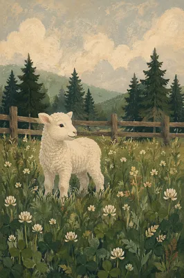 Gentle Lamb in Evergreen Meadow Light