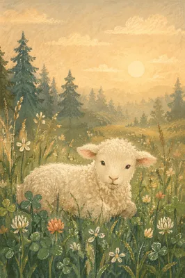 White Lamb in Evergreen Meadow Light