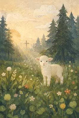 Gentle Lamb in Evergreen Meadow Light