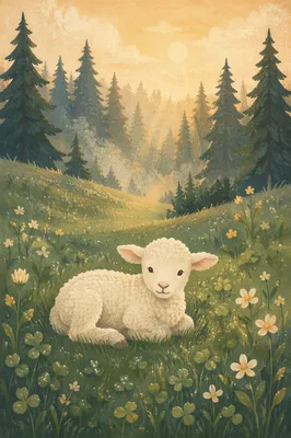 Gentle Lamb in Evergreen Morning Meadow