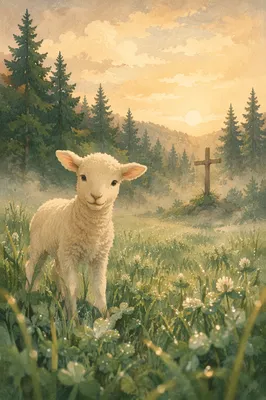 Gentle Lamb in Evergreen Meadow Light