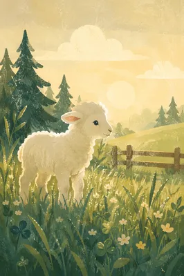 Gentle Lamb in Evergreen Morning Meadow