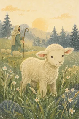 Gentle Lamb in Evergreen Morning Meadow