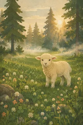 Gentle Lamb in Evergreen Meadow Light