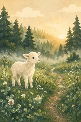 Gentle Lamb in Evergreen Meadow Light