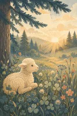 Gentle Lamb in Evergreen Meadow Light