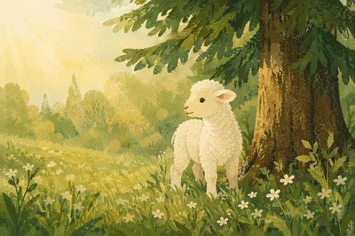 Gentle Lamb in Evergreen Meadow Light