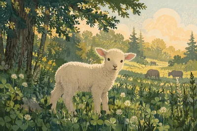 Gentle Lamb in Evergreen Meadow Light