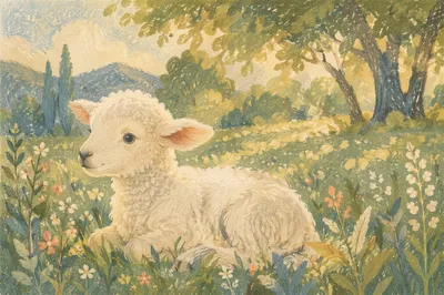 Gentle Lamb Resting in Green Meadow