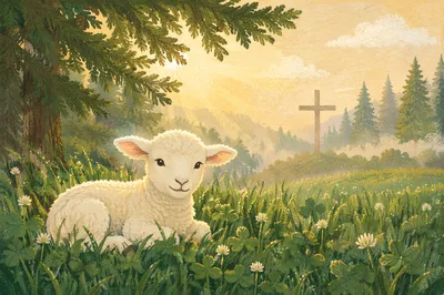 White Lamb in Evergreen Meadow Light