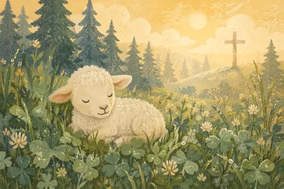 Gentle Lamb in Evergreen Morning Meadow