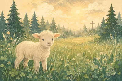 Gentle Lamb in Evergreen Morning Meadow