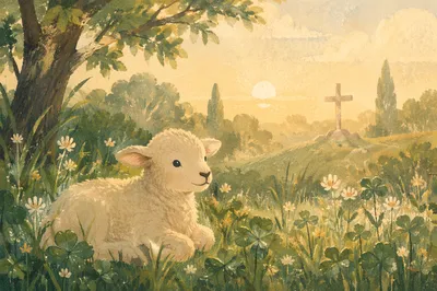 Gentle Lamb in Evergreen Meadow Light