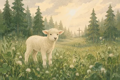 Gentle Lamb in Evergreen Morning Meadow