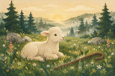 Gentle Lamb in Evergreen Meadow Light