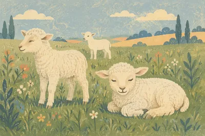Gentle Lambs Resting in Green Meadow