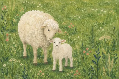 White Lamb and Ewe in Green Meadow