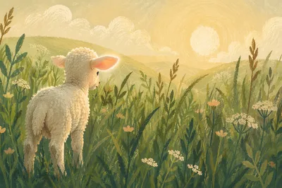 Gentle Lamb in Evergreen Meadow Light