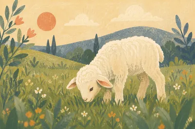 Gentle Lamb in Evergreen Meadow Light