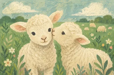 Gentle Lambs in Evergreen Meadow Light