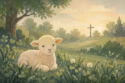 Gentle Lamb in Evergreen Meadow Light