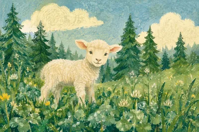 Young Lamb in Evergreen Meadow Light