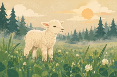Peaceful Lamb in Evergreen Spring Meadow