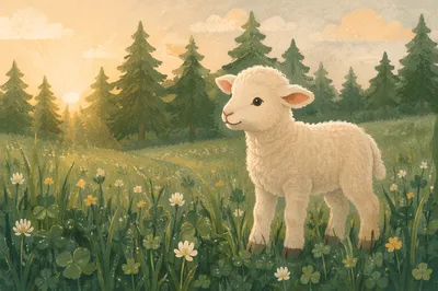 Young Lamb in Evergreen Meadow Light