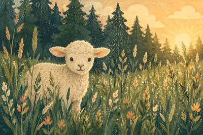 Gentle Lamb in Evergreen Meadow Light