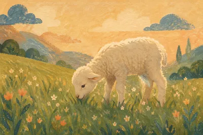 Gentle Lamb Grazing in Green Meadow