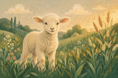 Gentle White Lamb in Evergreen Meadow