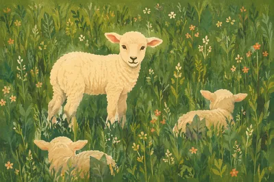 Gentle Lamb in Evergreen Meadow Light